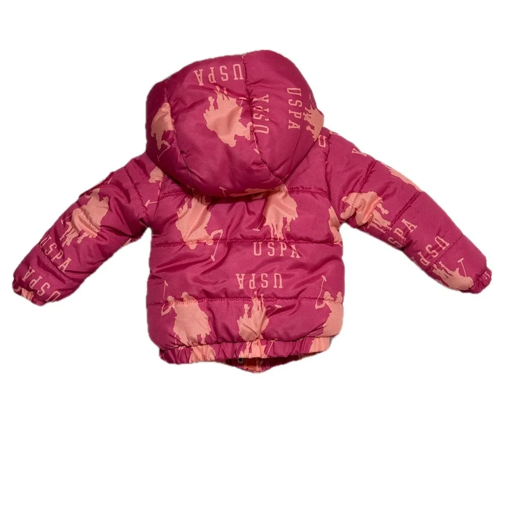US Polo Assn Kids Puffer Jacket Faux Fur‎ Hood Pink Logo Print 12M
